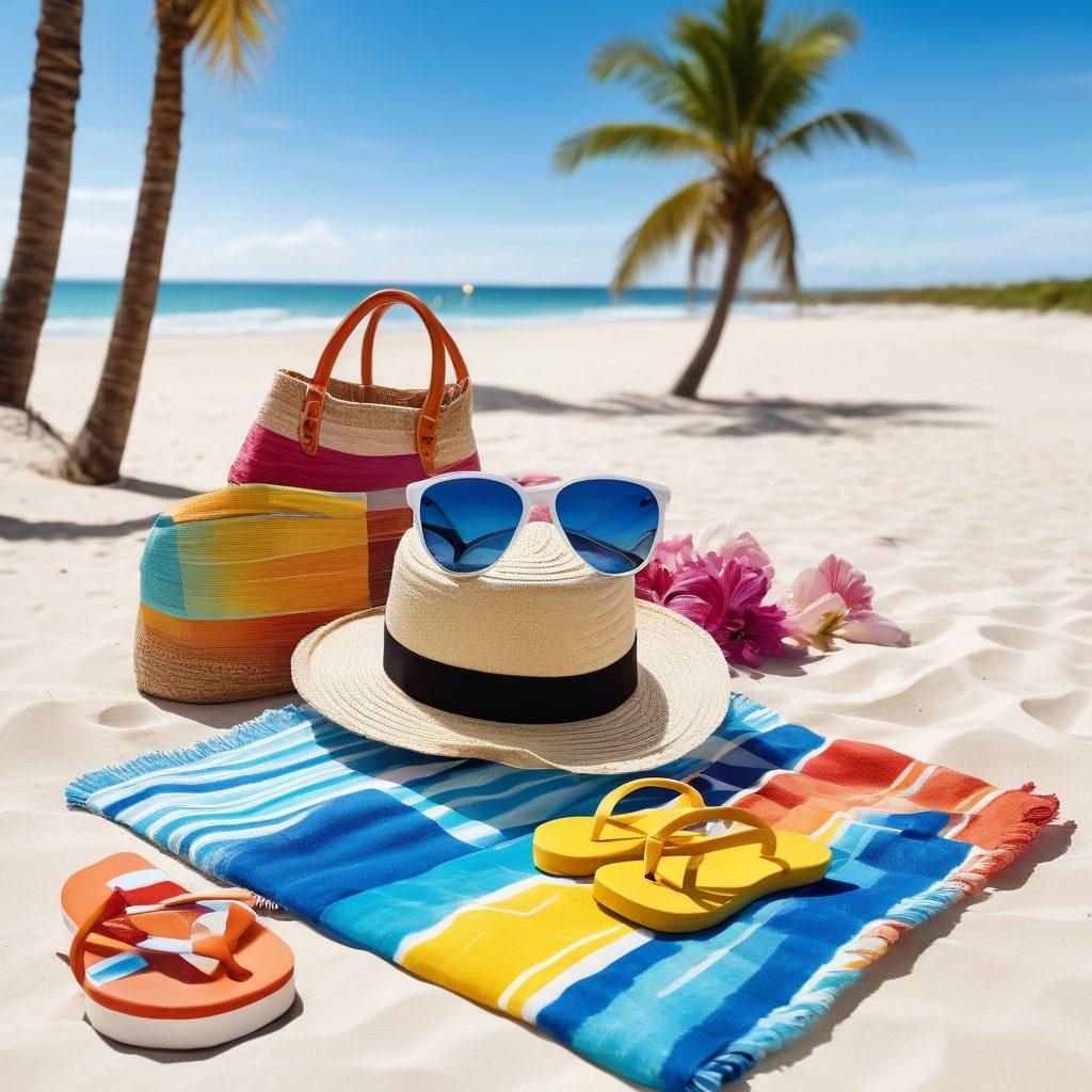A sunny beach scene showcasing a stylish straw hat, oversized sunglasses, colorful beach towels, and chic flip-flops spread out on soft white sand. A tropical drink sits beside a stylish beach bag filled with summer accessories, while palm trees sway gently in the background. Bright, vivid colors and a clear blue sky enhance the summery feel. super-realistic. vibrant colors. white background.